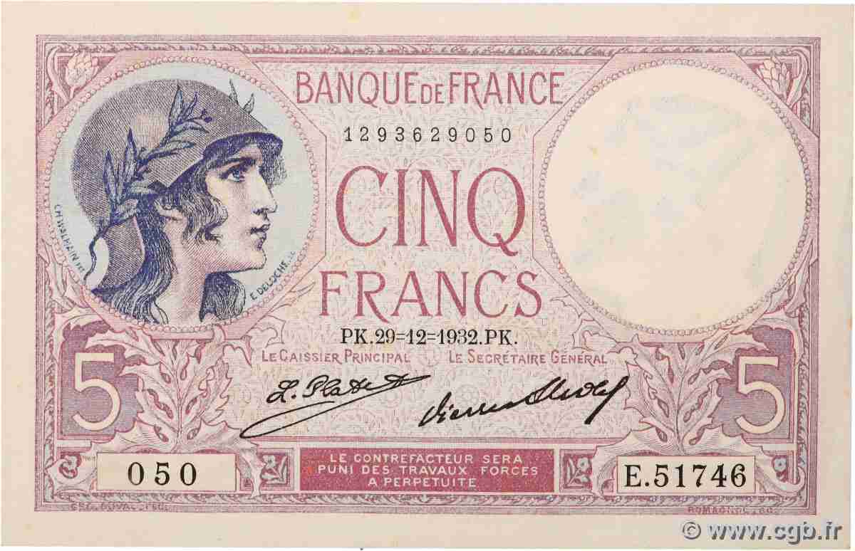 5 Francs FEMME CASQUÉE FRANKREICH 1932 F.03.16 VZ+
