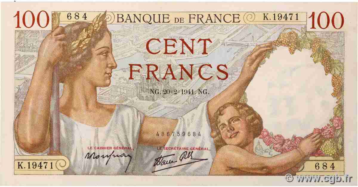 100 Francs SULLY FRANKREICH 1941 F.26.47 fST+