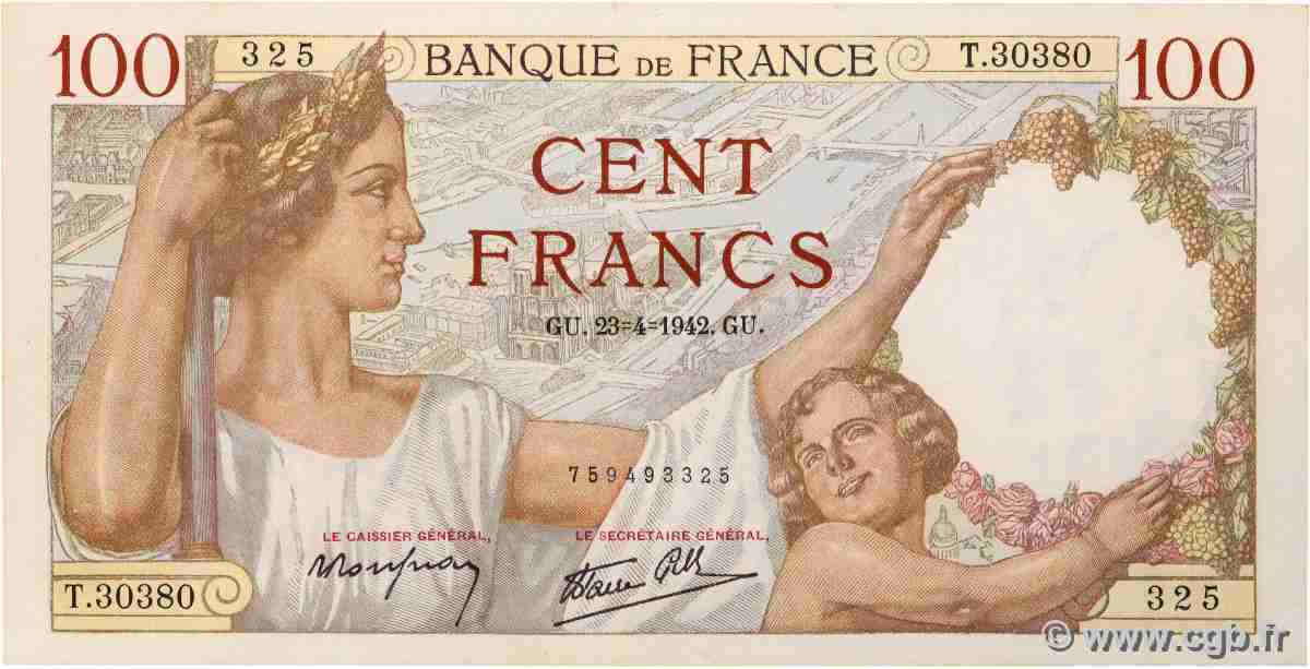 100 Francs SULLY FRANKREICH 1942 F.26.70 fVZ