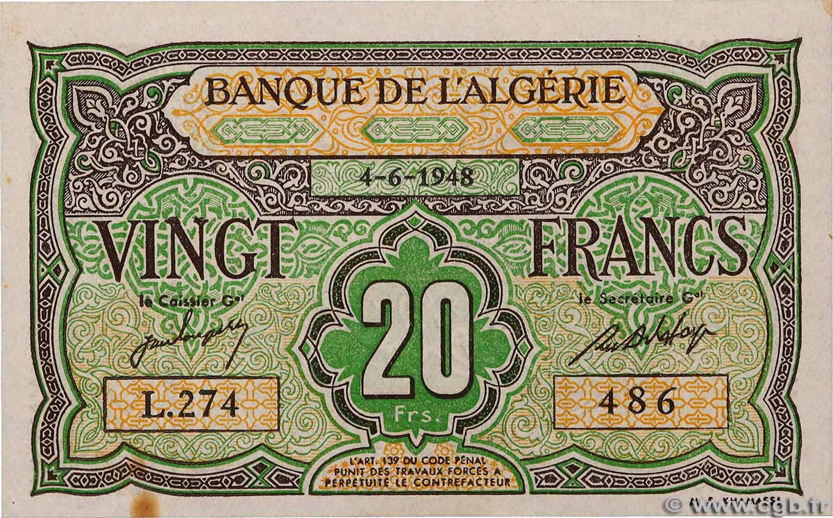 20 Francs ALGERIEN 1948 P.103 fST+