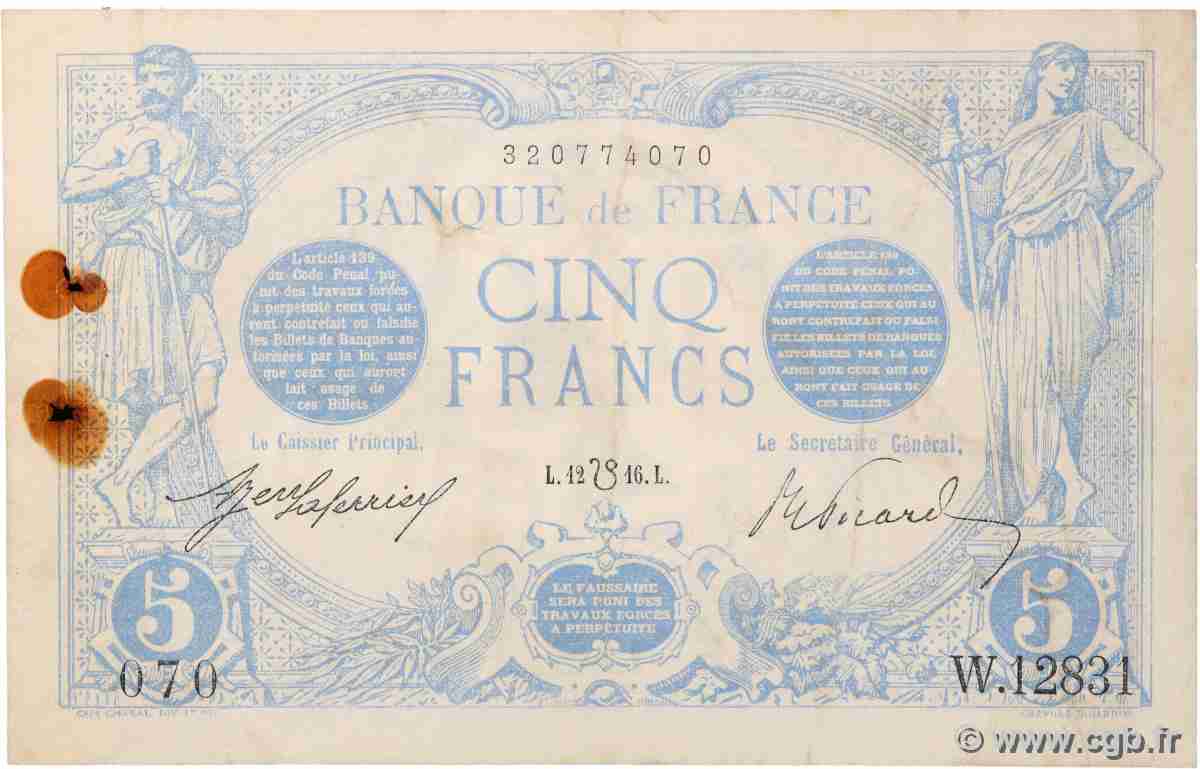 5 Francs BLEU lion inversé FRANCE 1916 F.02bis.04 F+
