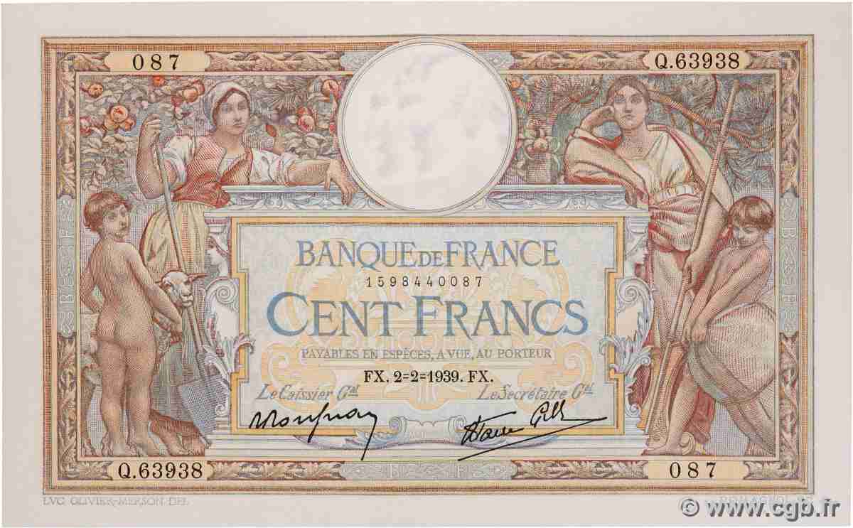 100 Francs LUC OLIVIER MERSON type modifié FRANCE 1939 F.25.41 UNC-