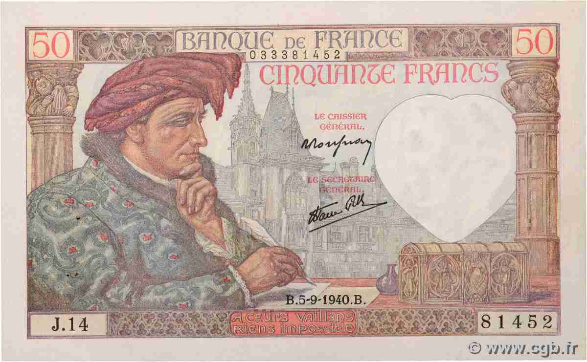 50 Francs JACQUES CŒUR FRANKREICH 1940 F.19.02 VZ