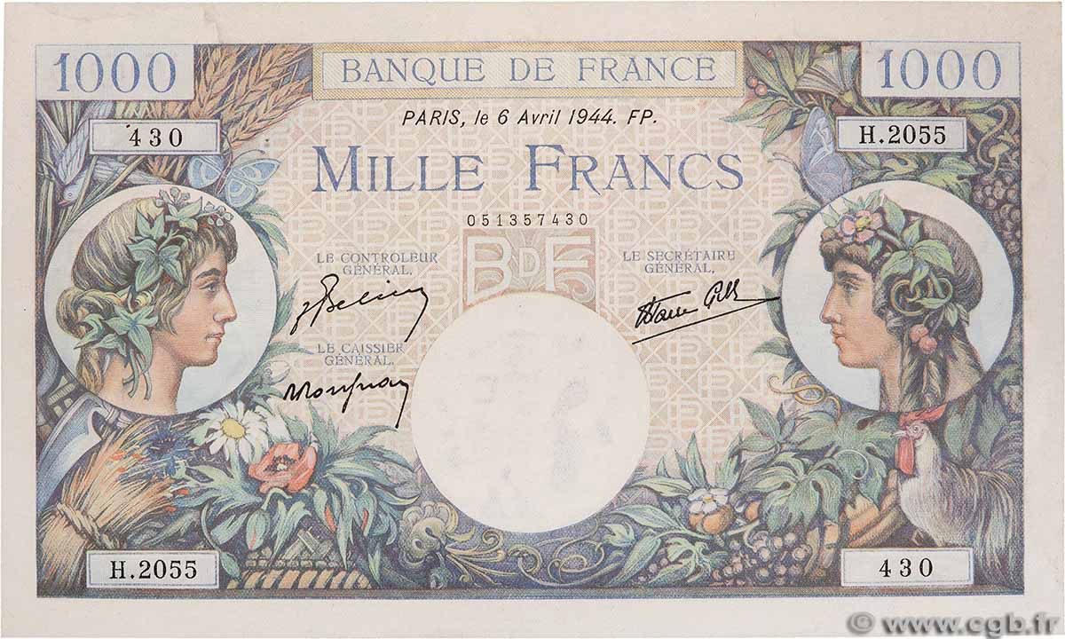 1000 Francs COMMERCE ET INDUSTRIE FRANCE 1944 F.39.05 UNC-