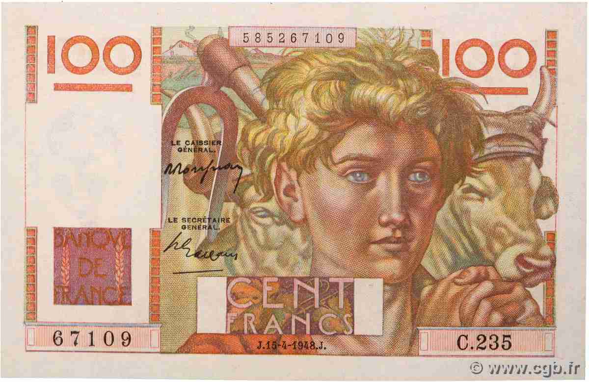 100 Francs JEUNE PAYSAN FRANKREICH 1948 F.28.17 fST+