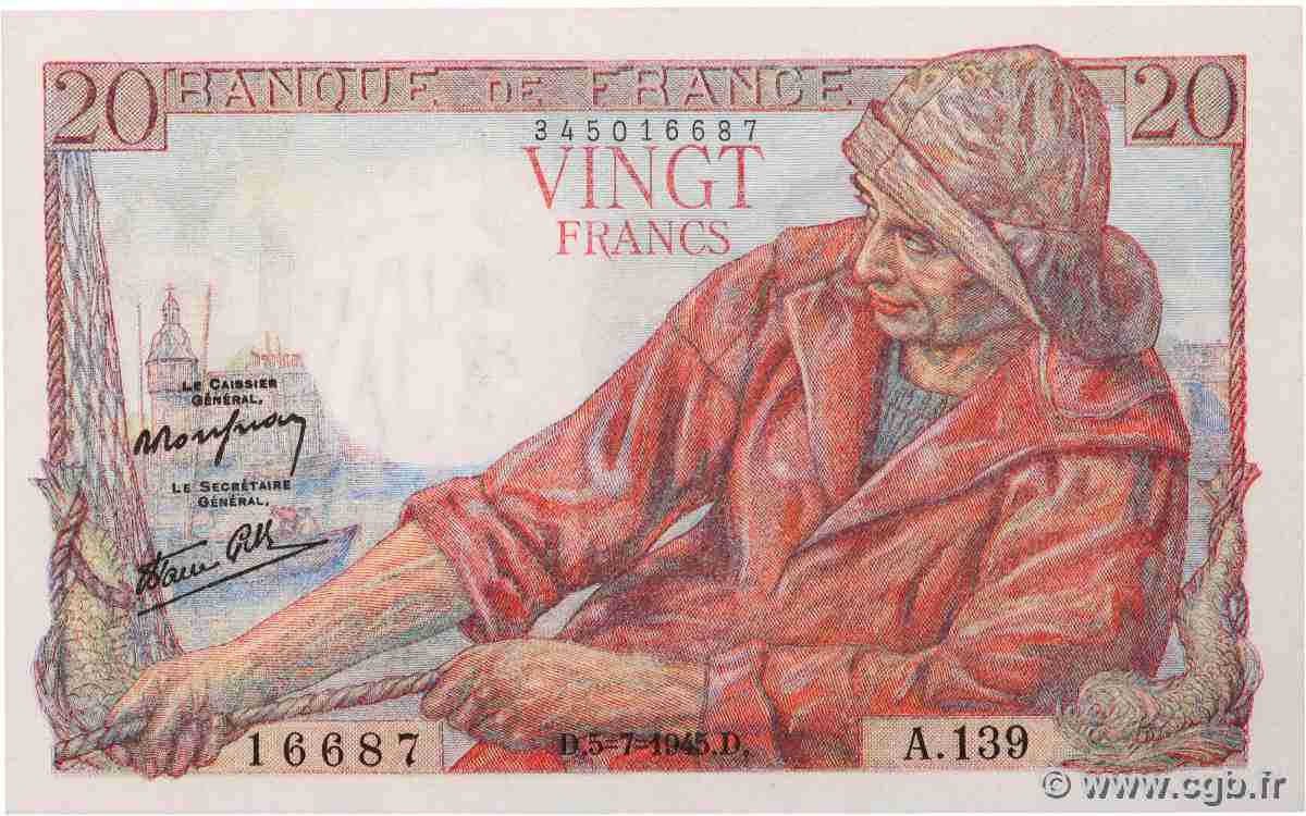 20 Francs PÊCHEUR FRANKREICH 1945 F.13.10 fST+