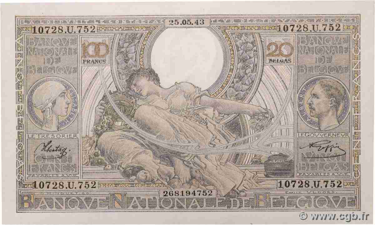100 Francs - 20 Belgas BELGIEN 1943 P.107 fST+