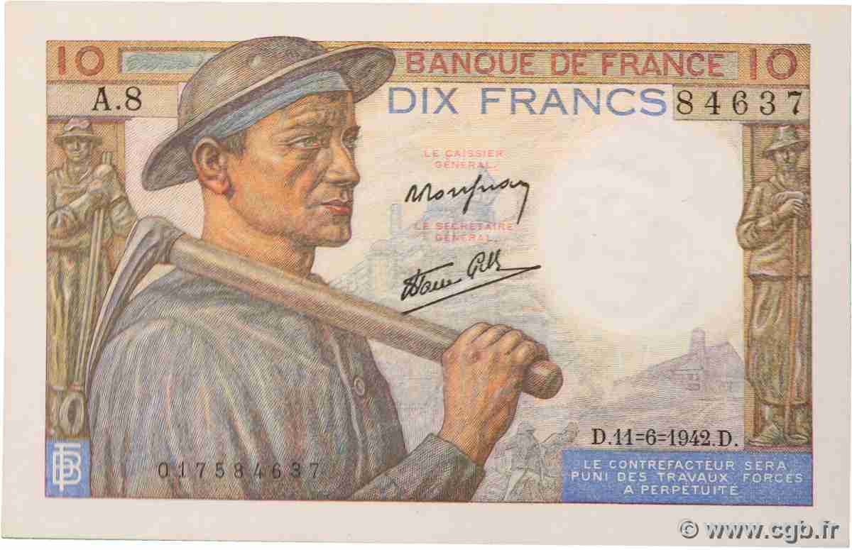 10 Francs MINEUR FRANKREICH 1942 F.08.03 VZ+