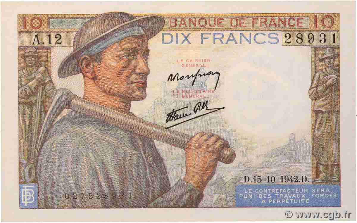 10 Francs MINEUR FRANKREICH 1942 F.08.04 fST