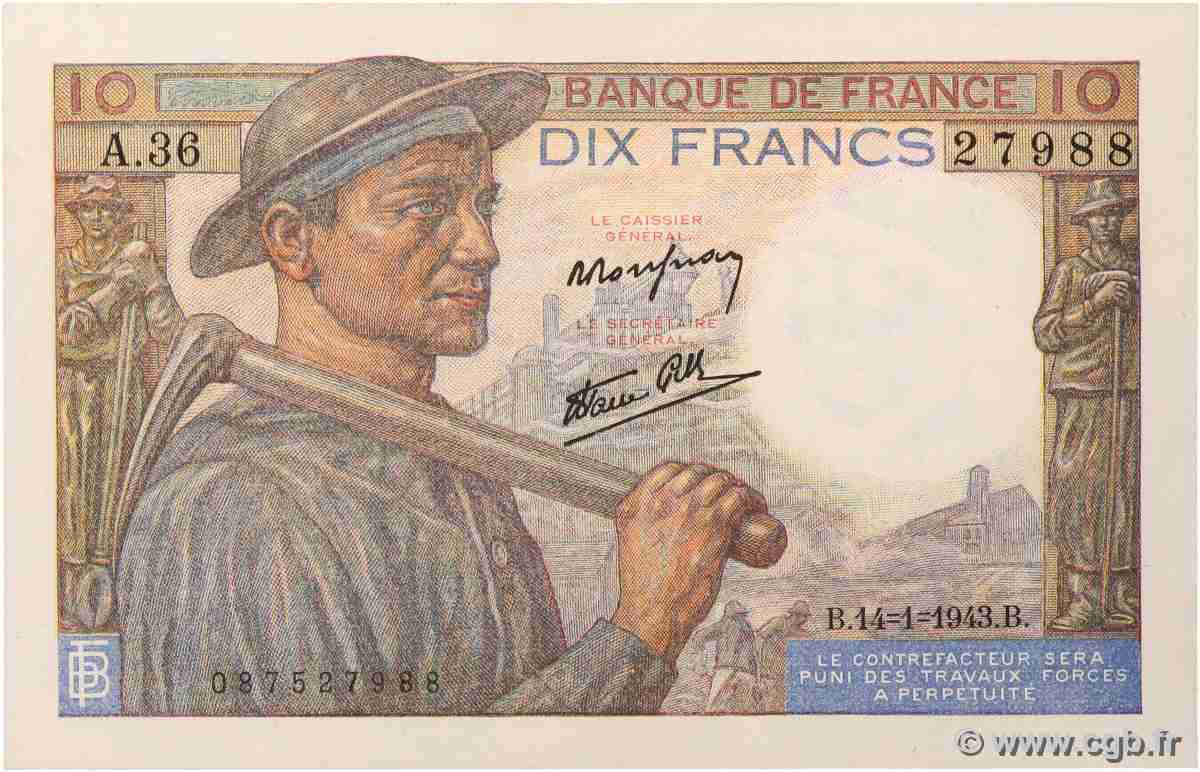 10 Francs MINEUR FRANKREICH 1943 F.08.07 fST