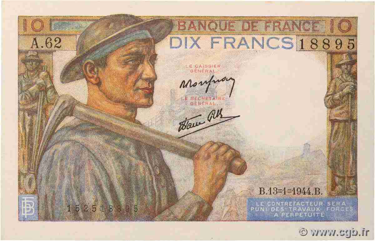 10 Francs MINEUR FRANKREICH 1944 F.08.10 fST+