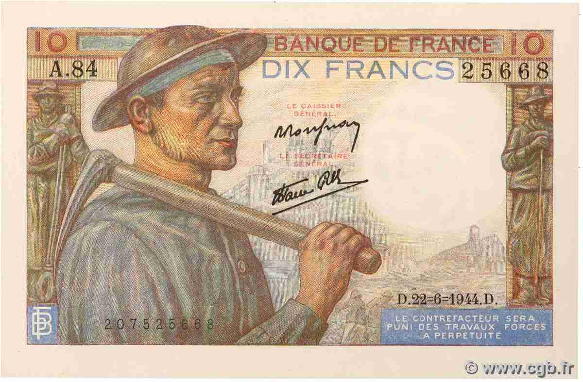 10 Francs MINEUR FRANKREICH 1944 F.08.12 fST+