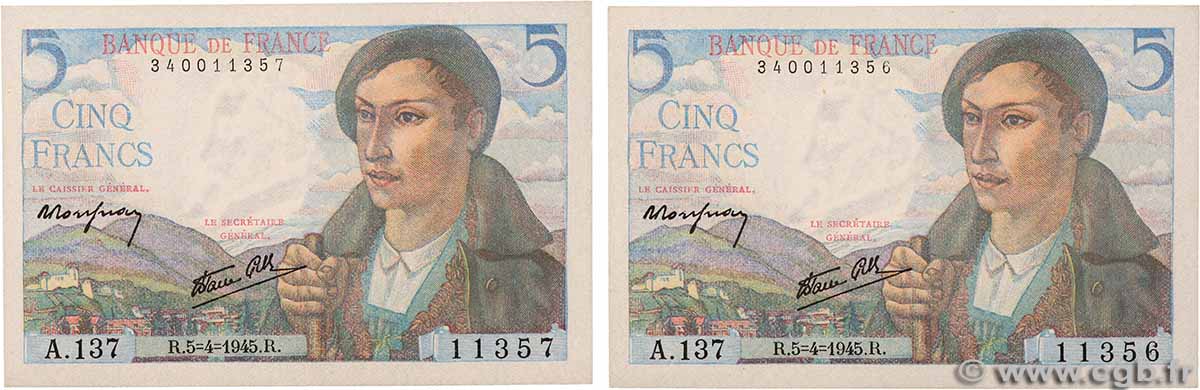 5 Francs BERGER Consécutifs FRANCE 1945 F.05.06 UNC