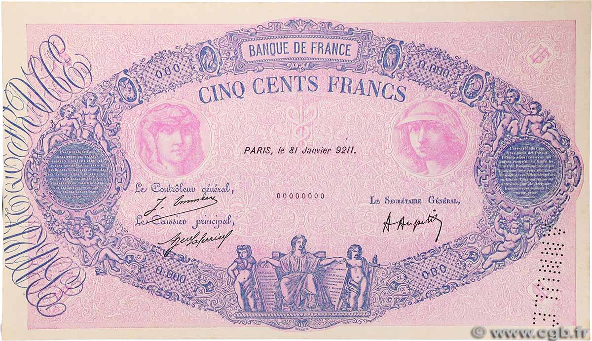 500 Francs BLEU ET ROSE Faux FRANKREICH 1921 F.30.00x fST+