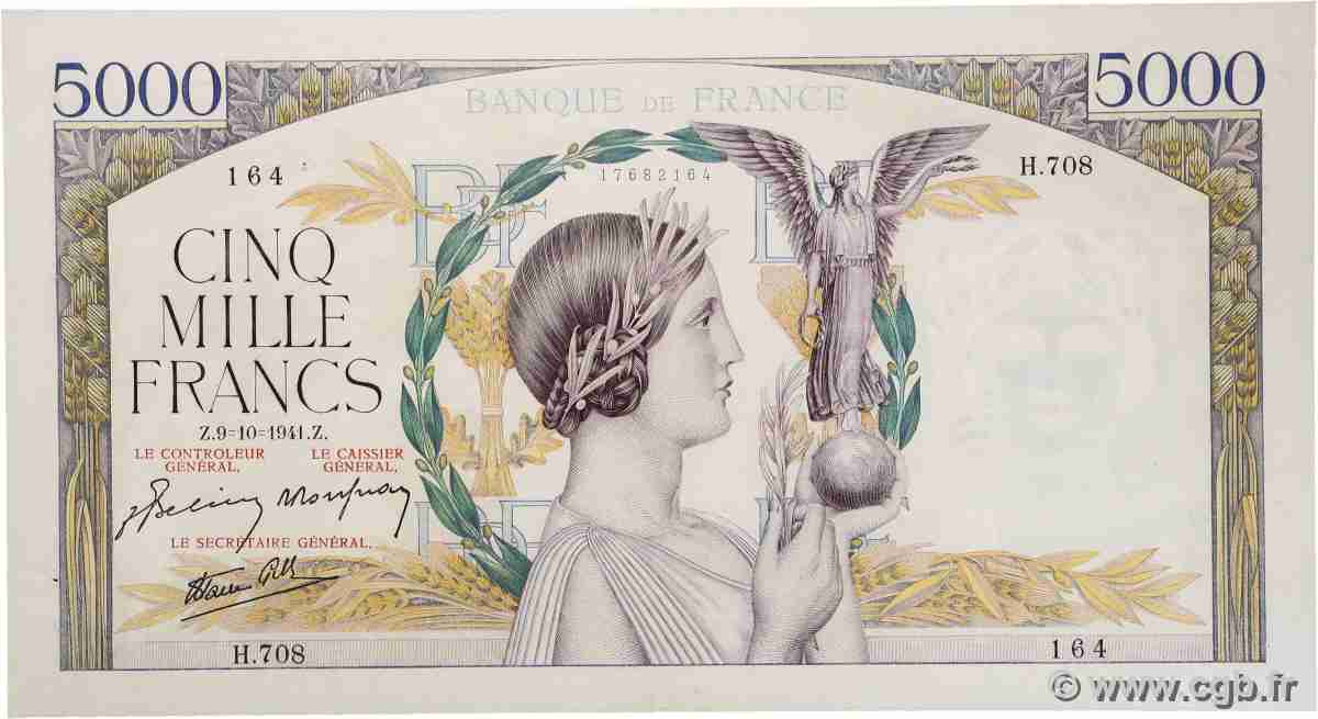5000 Francs VICTOIRE Impression à plat FRANCE 1941 F.46.27 XF+