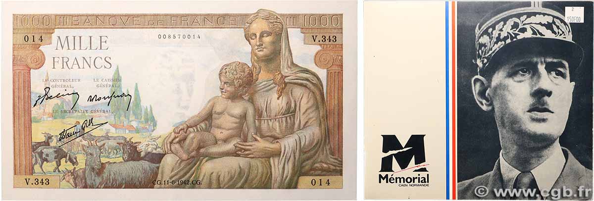1000 Francs DÉESSE DÉMÉTER Commémoratif FRANCE 1942 F.40.02 AU