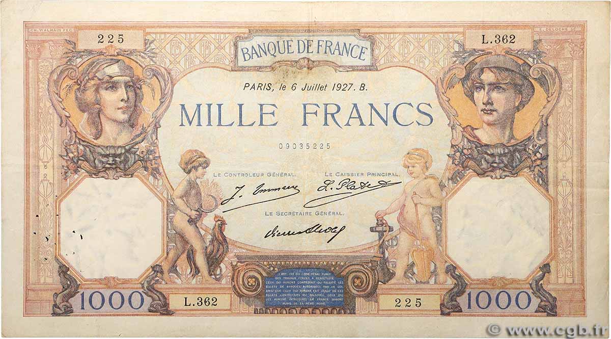 1000 Francs CÉRÈS ET MERCURE FRANKREICH 1927 F.37.01 fSS