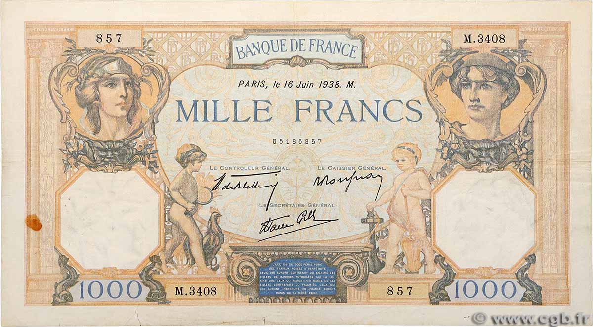 1000 Francs CÉRÈS ET MERCURE type modifié FRANCE 1938 F.38.19 F+