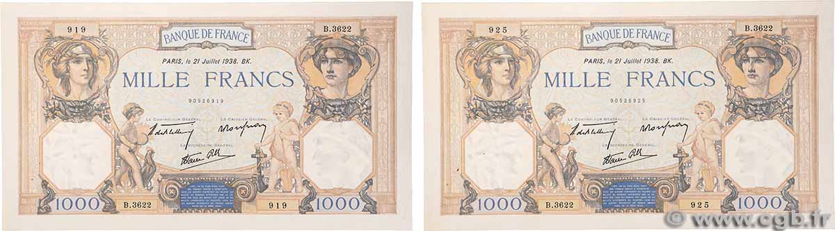 1000 Francs CÉRÈS ET MERCURE type modifié Lot FRANCE 1938 F.38.24 XF+