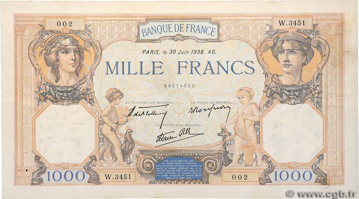 1000 Francs CÉRÈS ET MERCURE type modifié FRANCE 1938 F.38.21 F+