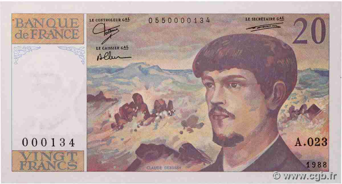 20 Francs DEBUSSY Petit numéro FRANCE 1988 F.66.09A23 UNC-