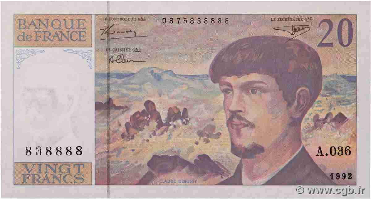 20 Francs DEBUSSY à fil de sécurité Numéro spécial FRANCE 1992 F.66bis.03A36 UNC