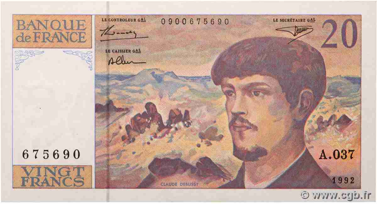 20 Francs DEBUSSY à fil de sécurité FRANKREICH 1992 F.66bis.03A37 VZ+