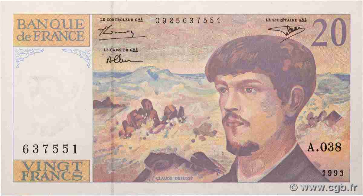 20 Francs DEBUSSY à fil de sécurité FRANKREICH 1993 F.66bis.04A38 fST+