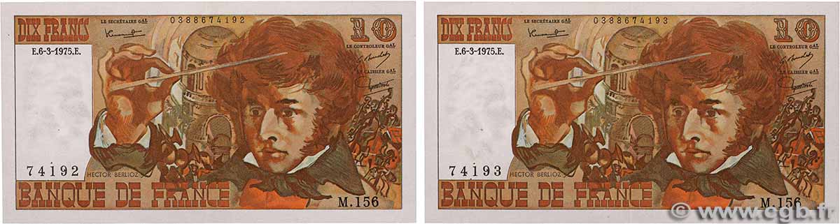 10 Francs BERLIOZ Consécutifs FRANCE 1975 F.63.09 VF