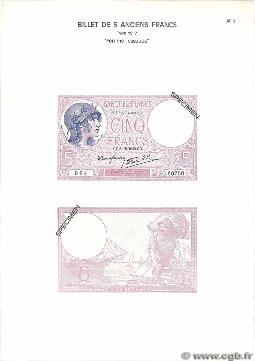 5 Francs FEMME CASQUÉE Planche FRANCE 1975 F.03pl UNC-
