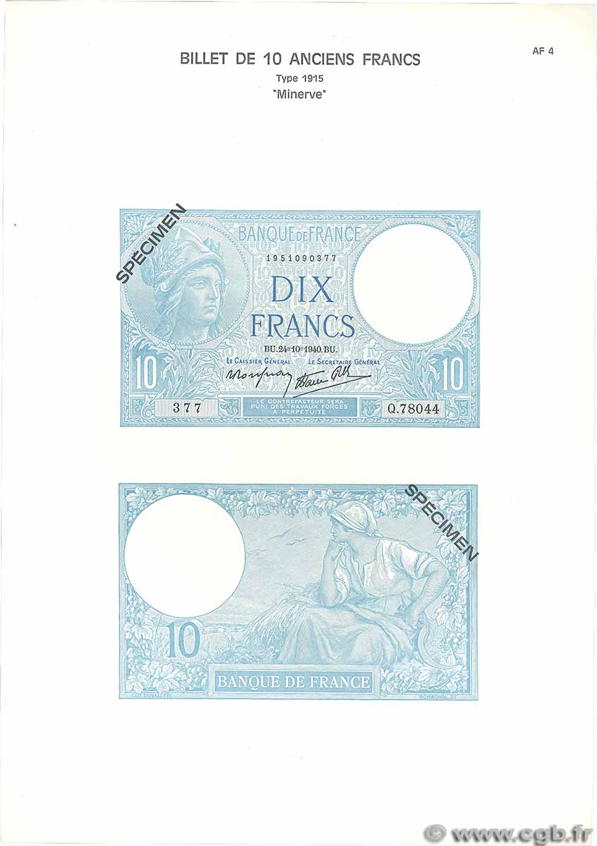 10 Francs MINERVE Planche FRANCE 1975 F.06pl UNC-