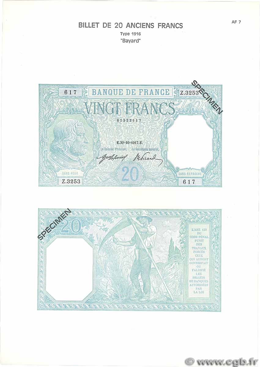 20 Francs BAYARD Planche FRANKREICH 1975 F.11pl fST+