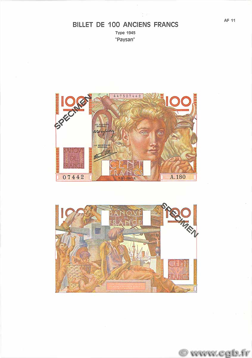 100 Francs JEUNE PAYSAN Planche FRANCE 1975 F.28pl AU