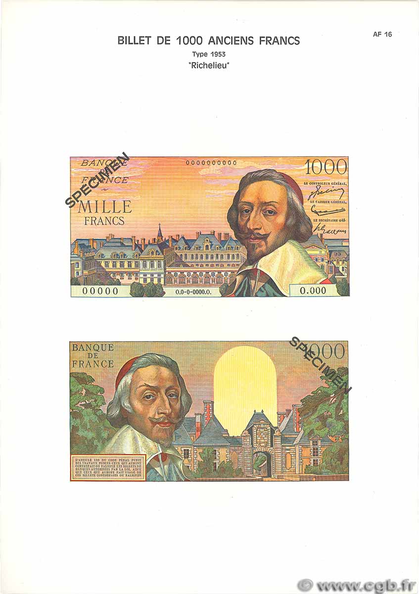 1000 Francs RICHELIEU Planche FRANCE 1975 F.42pl UNC-