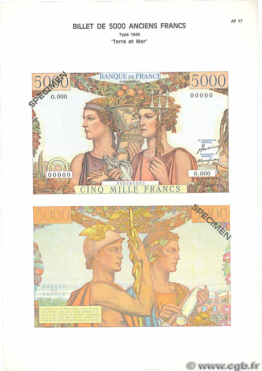 5000 Francs TERRE ET MER Planche FRANCE 1975 F.48pl UNC-
