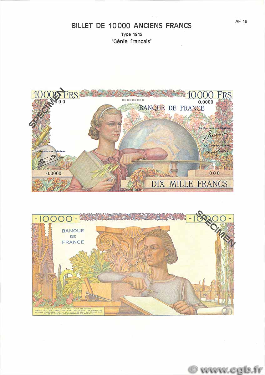 10000 Francs GÉNIE FRANÇAIS Planche FRANCE 1975 F.50pl AU