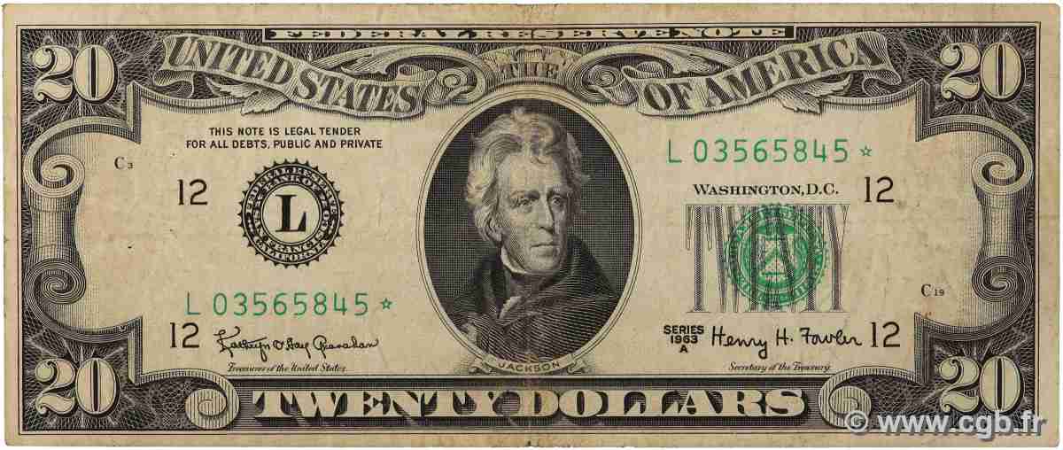 20 Dollars Remplacement UNITED STATES OF AMERICA San Francisco 1963 P.446b F+