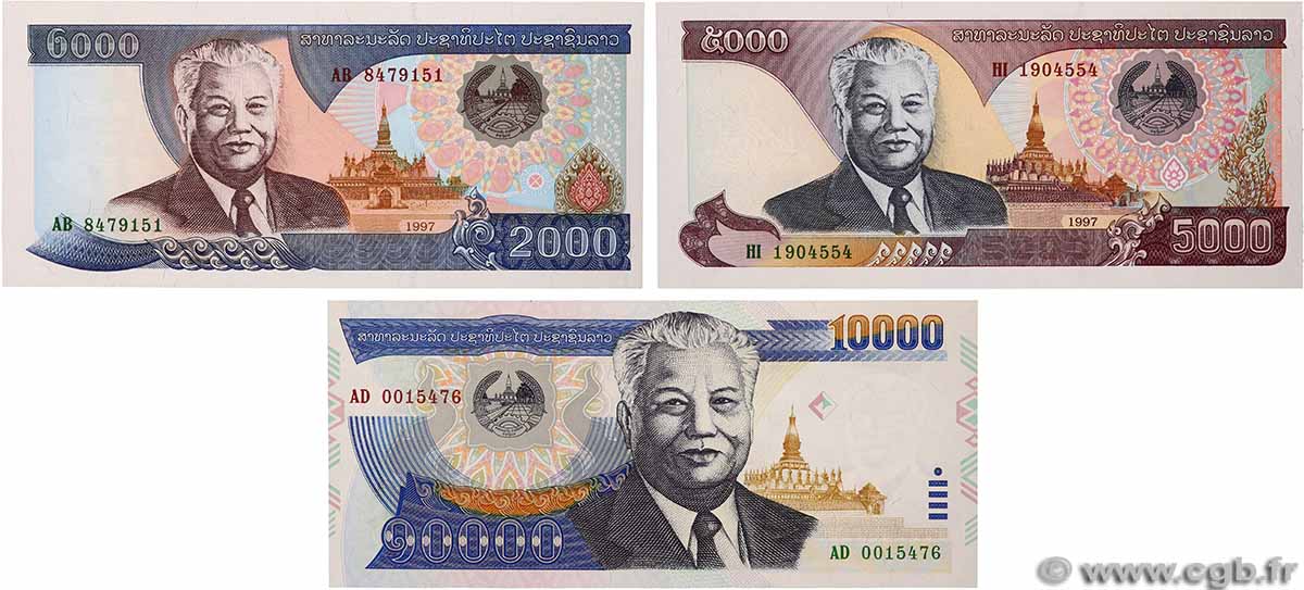 2000, 5000 et 10000 Kip Lot LAOS 2002 P.33a, P.34 et P.35a ST
