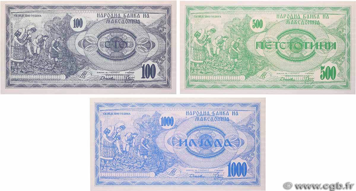 100, 500 et 1000 Denari Lot NORDMAZEDONIA 1992 P.04, P.05 et P.06 ST