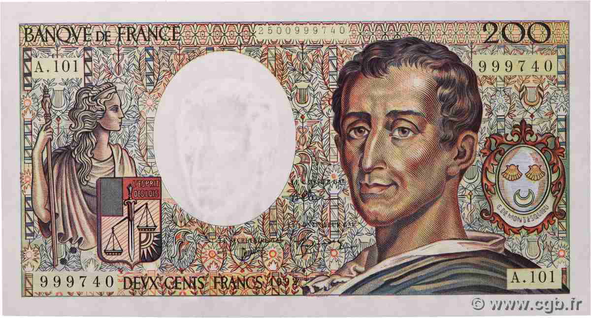 200 Francs MONTESQUIEU alphabet 101 FRANCE 1992 F.70bis.01 UNC