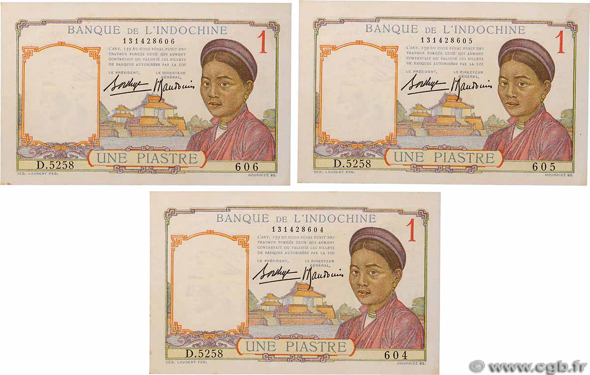 1 Piastre Consécutifs FRANZÖSISCHE-INDOCHINA 1936 P.054b fST+