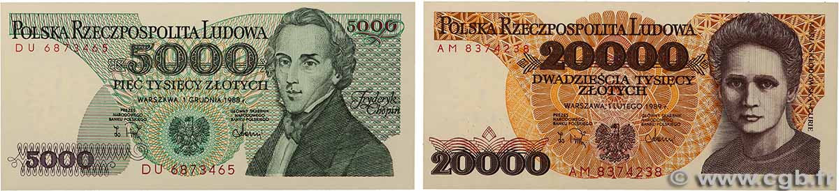 5000 et 20000 Zlotych Lot POLOGNE 1988 P.150c et P.152 pr.NEUF