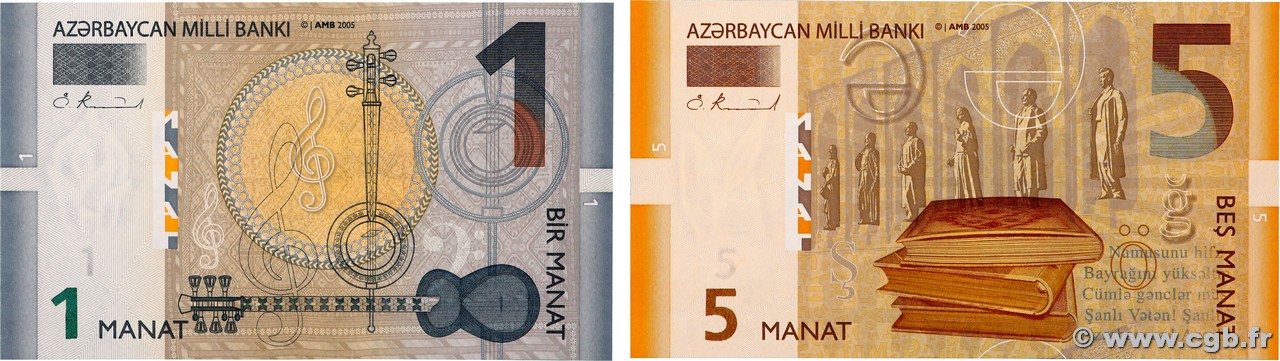 1 et 5 Manat Lot ASERBAIDSCHAN 2005 P.26 fST+