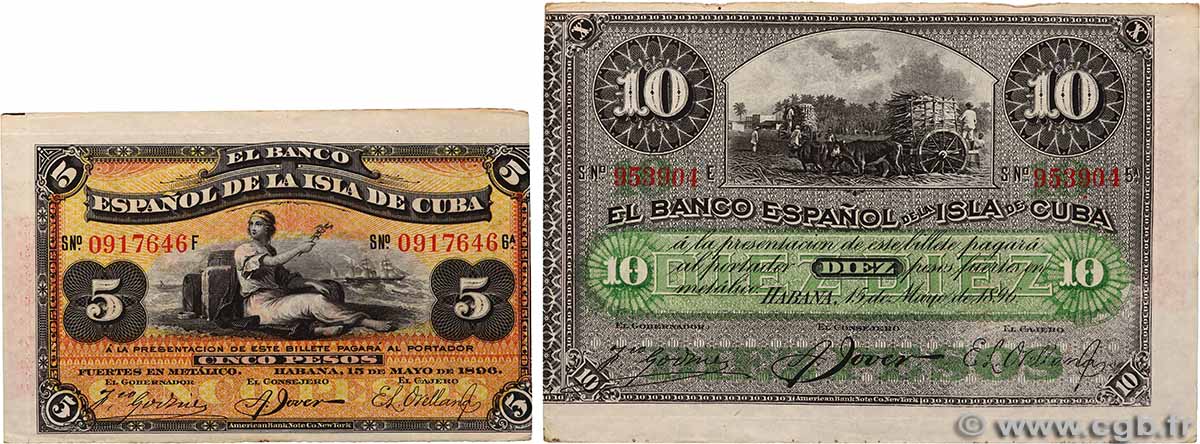 5 et 10 Pesos Lot CUBA 1896 P.048b et P.049d SUP+