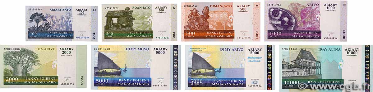 100 au 10000 Ariary Lot MADAGASCAR 2004 P.086 au P.092 et P.094 q.FDC