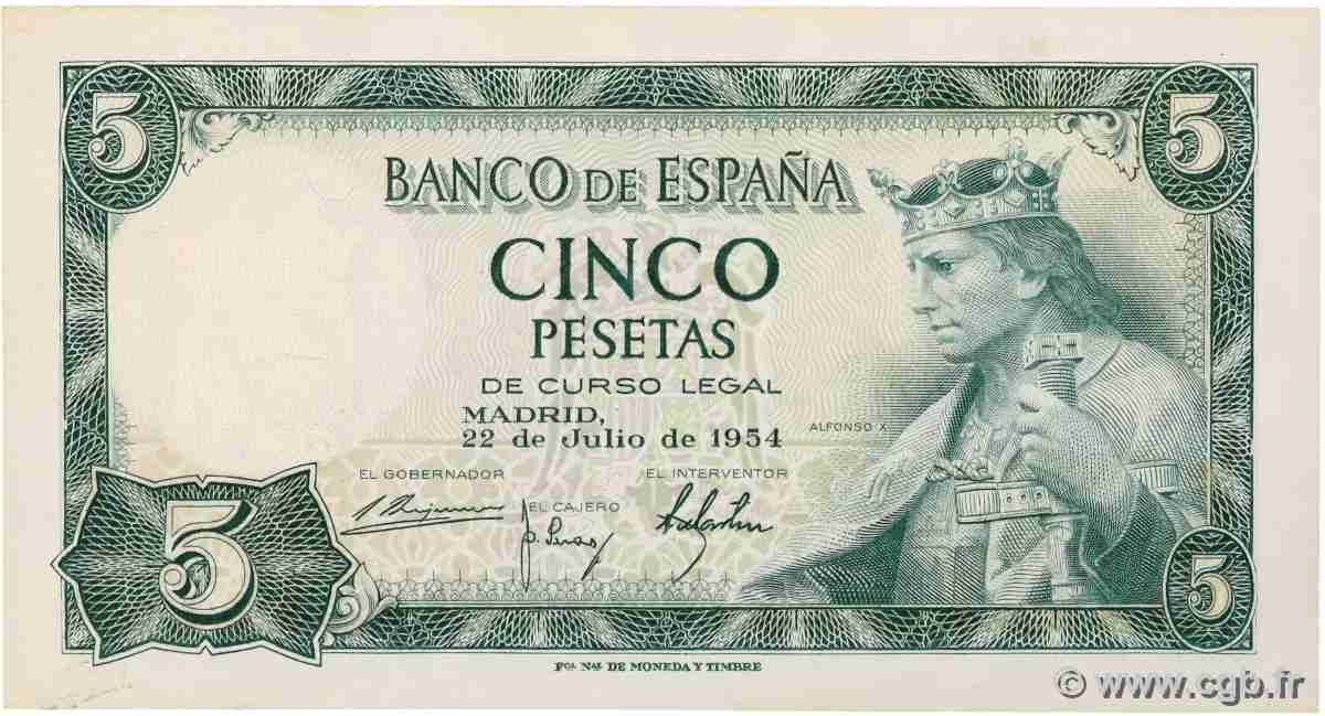 5 Pesetas ESPAGNE 1954 P.146a NEUF
