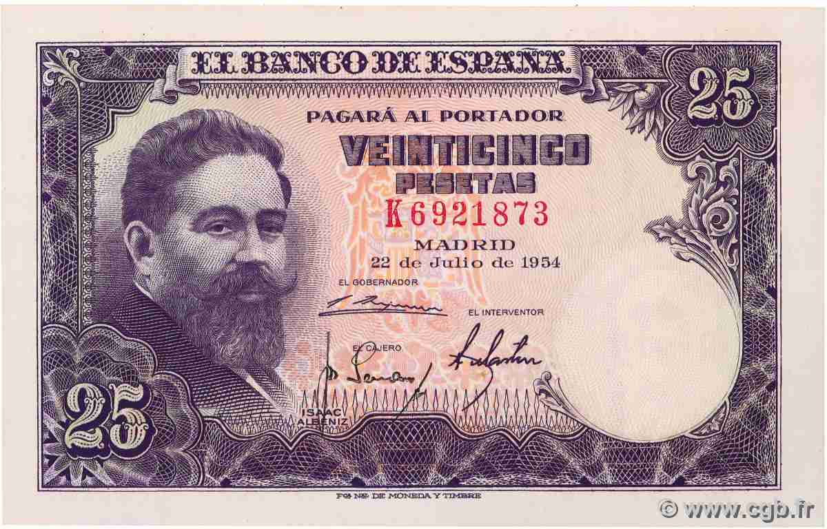 25 Pesetas SPANIEN 1954 P.147a fST+