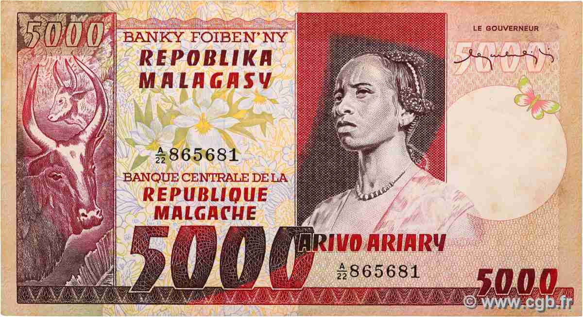 5000 Francs - 1000 Ariary MADAGASCAR 1974 P.066a TTB+