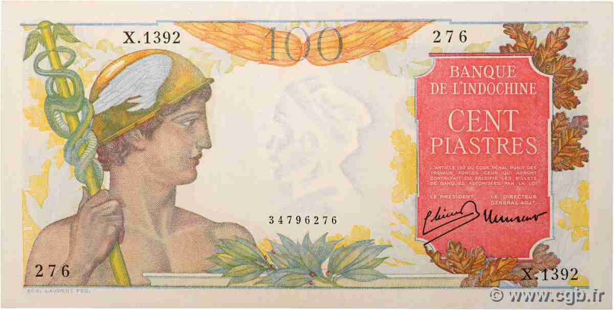 100 Piastres FRENCH INDOCHINA 1947 P.082a AU
