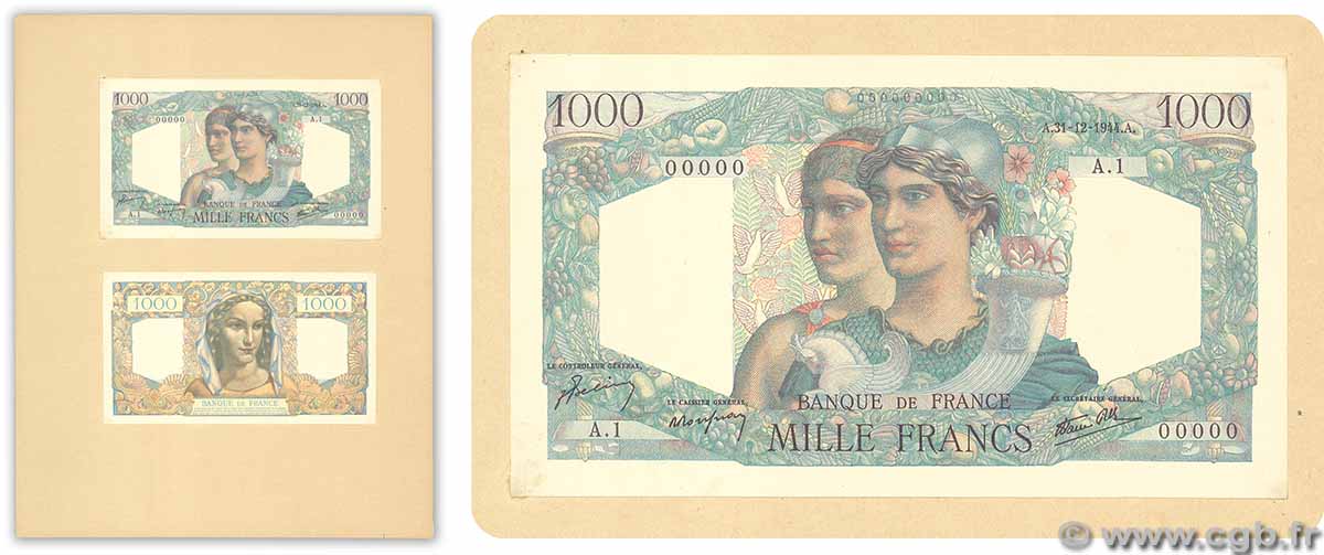 1000 Francs MINERVE ET HERCULE Épreuve FRANCIA 1944 F.41.00E var AU